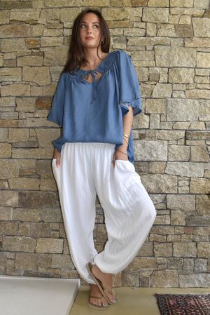 Washed Chambray Shirring Peasant Blouse Mid